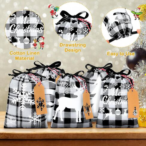 15 Pieces Christmas Plaid Bags with Drawstring Cloth Fabric Gift Bags Xmas Treat Candy Bag Sacks with 15 Tag Labels and 9.84 Feet Rope for Birthday Christmas Party Favor, 5 Styles (Black and Red) in Saudi Arabia