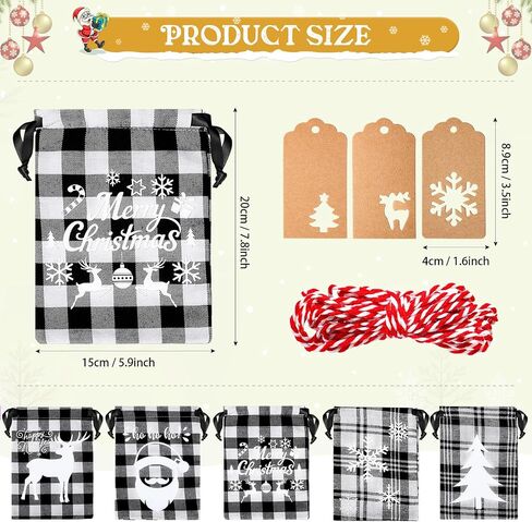 15 Pieces Christmas Plaid Bags with Drawstring Cloth Fabric Gift Bags Xmas Treat Candy Bag Sacks with 15 Tag Labels and 9.84 Feet Rope for Birthday Christmas Party Favor, 5 Styles (Black and Red) in Saudi Arabia