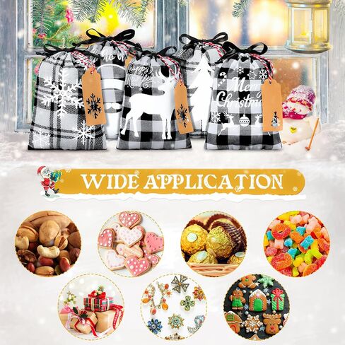 15 Pieces Christmas Plaid Bags with Drawstring Cloth Fabric Gift Bags Xmas Treat Candy Bag Sacks with 15 Tag Labels and 9.84 Feet Rope for Birthday Christmas Party Favor, 5 Styles (Black and Red) in Saudi Arabia