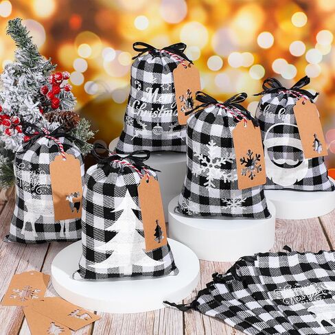 15 Pieces Christmas Plaid Bags with Drawstring Cloth Fabric Gift Bags Xmas Treat Candy Bag Sacks with 15 Tag Labels and 9.84 Feet Rope for Birthday Christmas Party Favor, 5 Styles (Black and Red) in Saudi Arabia