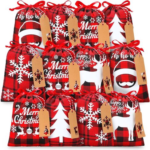 15 Pieces Christmas Plaid Bags with Drawstring Cloth Fabric Gift Bags Xmas Treat Candy Bag Sacks with 15 Tag Labels and 9.84 Feet Rope for Birthday Christmas Party Favor, 5 Styles (Black and Red) in Saudi Arabia