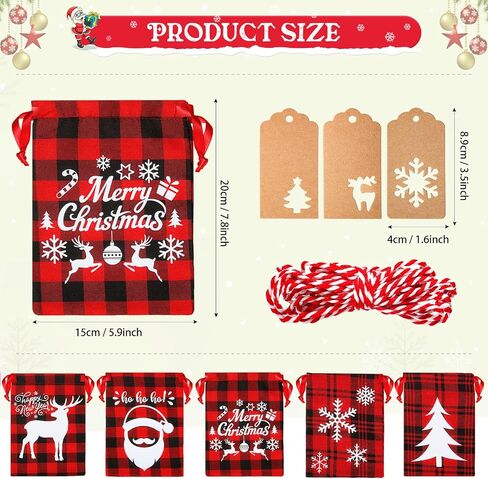 15 Pieces Christmas Plaid Bags with Drawstring Cloth Fabric Gift Bags Xmas Treat Candy Bag Sacks with 15 Tag Labels and 9.84 Feet Rope for Birthday Christmas Party Favor, 5 Styles (Black and Red) in Saudi Arabia