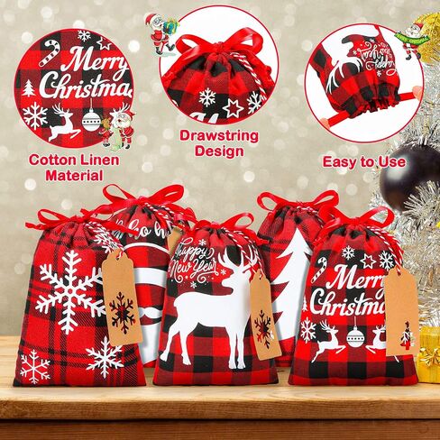 15 Pieces Christmas Plaid Bags with Drawstring Cloth Fabric Gift Bags Xmas Treat Candy Bag Sacks with 15 Tag Labels and 9.84 Feet Rope for Birthday Christmas Party Favor, 5 Styles (Black and Red) in Saudi Arabia