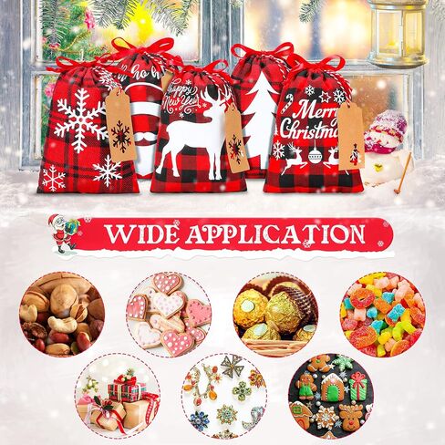15 Pieces Christmas Plaid Bags with Drawstring Cloth Fabric Gift Bags Xmas Treat Candy Bag Sacks with 15 Tag Labels and 9.84 Feet Rope for Birthday Christmas Party Favor, 5 Styles (Black and Red) in Saudi Arabia
