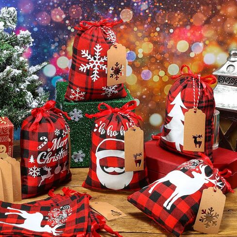 15 Pieces Christmas Plaid Bags with Drawstring Cloth Fabric Gift Bags Xmas Treat Candy Bag Sacks with 15 Tag Labels and 9.84 Feet Rope for Birthday Christmas Party Favor, 5 Styles (Black and Red) in Saudi Arabia
