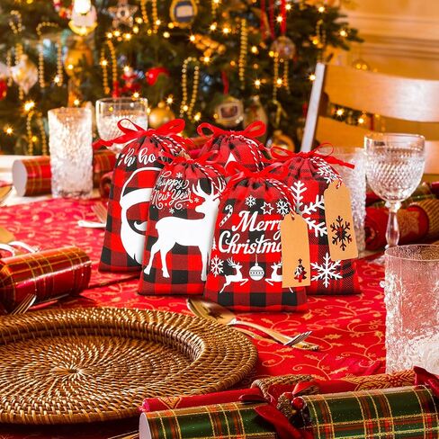 15 Pieces Christmas Plaid Bags with Drawstring Cloth Fabric Gift Bags Xmas Treat Candy Bag Sacks with 15 Tag Labels and 9.84 Feet Rope for Birthday Christmas Party Favor, 5 Styles (Black and Red) in Saudi Arabia