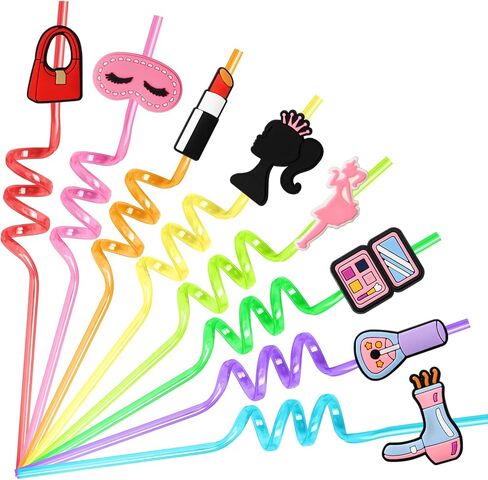 Lidmada 24Pcs Pink Dolls Party Favors Reusable Plastic Straws, Pink Girls Head Straws with 8 Designs for Baby Kids Spa Makeup Princess Party Supplies Decorations, 2Pcs Cleaning Brushes in Kuwait