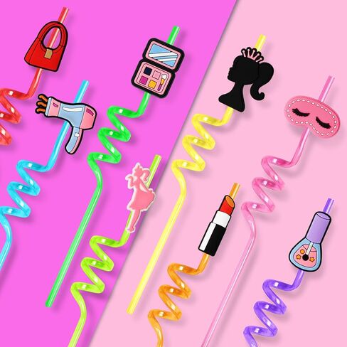 Lidmada 24Pcs Pink Dolls Party Favors Reusable Plastic Straws, Pink Girls Head Straws with 8 Designs for Baby Kids Spa Makeup Princess Party Supplies Decorations, 2Pcs Cleaning Brushes in Kuwait