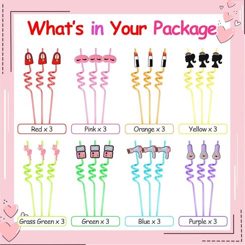 Lidmada 24Pcs Pink Dolls Party Favors Reusable Plastic Straws, Pink Girls Head Straws with 8 Designs for Baby Kids Spa Makeup Princess Party Supplies Decorations, 2Pcs Cleaning Brushes in Kuwait