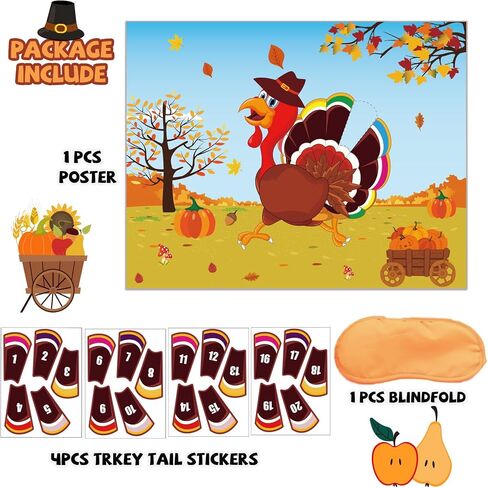 Thanksgiving Party Games for Kids Pin The Tail On The Turkey Game Friendsgiving Games with 24 Turkey Tail Stickers for Audults Family in Saudi Arabia