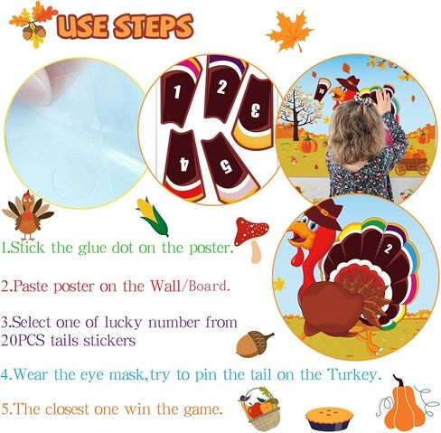 Thanksgiving Party Games for Kids Pin The Tail On The Turkey Game Friendsgiving Games with 24 Turkey Tail Stickers for Audults Family in Saudi Arabia
