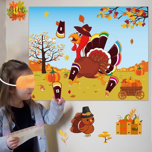Thanksgiving Party Games for Kids Pin The Tail On The Turkey Game Friendsgiving Games with 24 Turkey Tail Stickers for Audults Family in Saudi Arabia
