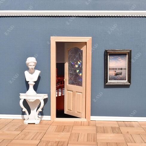 iLAND Dollhouse Door on 1 12 Scale, Unfinished Paintable Wooden Door w/ 3D Windowpane Reflecting Rainbow Light & Golden Metal Handles, Miniature Building Supplies Dollhouse Furniture & Decor in Kuwait