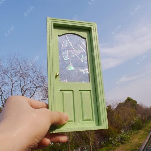 iLAND Dollhouse Door on 1 12 Scale, Unfinished Paintable Wooden Door w/ 3D Windowpane Reflecting Rainbow Light & Golden Metal Handles, Miniature Building Supplies Dollhouse Furniture & Decor in Kuwait