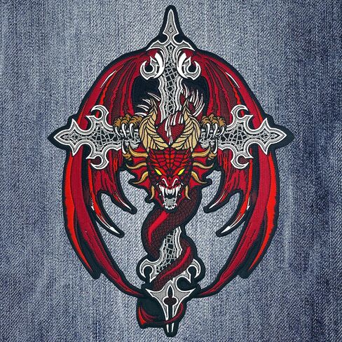 Red Dragon on Cross Large Embroidered Motorcycle Jacket & Biker Vest Back Patch in Kuwait