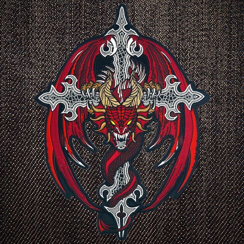 Red Dragon on Cross Large Embroidered Motorcycle Jacket & Biker Vest Back Patch in Kuwait