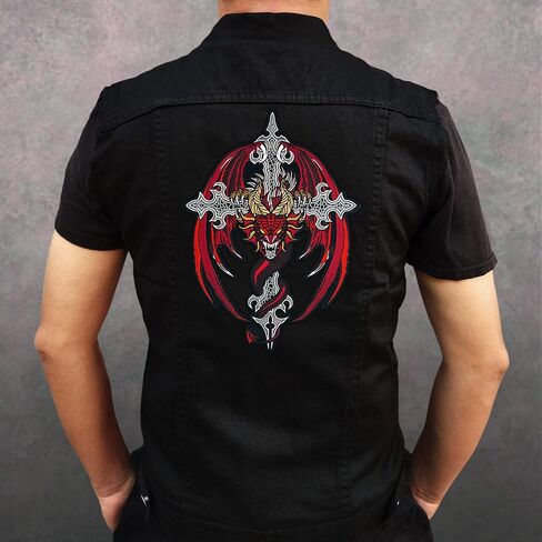 Red Dragon on Cross Large Embroidered Motorcycle Jacket & Biker Vest Back Patch in Kuwait