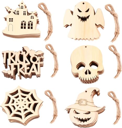 ADOCARN 60 قطعة ديكور الهالوين مصنوع يدويًا قطعة خشبية حرفية الفراغات الهالوين المعلقة أشكال الهالوين الخشبية المصنوعة يدويًا ديكور معلق على الحائط علامات خشبية باب متجر منزلي in Kuwait