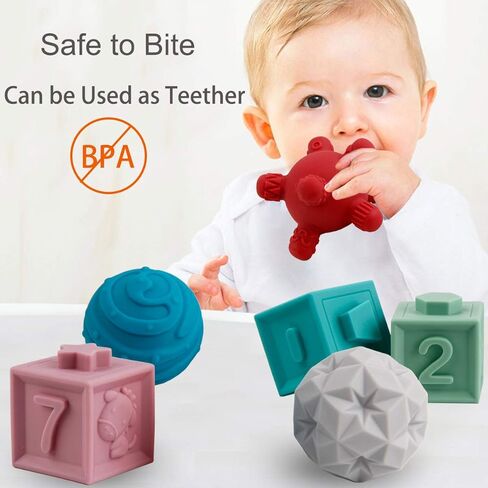 BOBXIN 15 قطعة من ألعاب مكعبات الأطفال، مكعبات تراص ناعمة، كرات حسية للأطفال، ألعاب حمام الرضع، الضغط على اللعب مع أرقام وأشكال الحيوانات، لعبة الفواكه والأنسجة للأطفال الصغار بعمر 6 أشهر in Kuwait