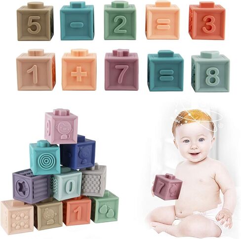 BOBXIN 15 قطعة من ألعاب مكعبات الأطفال، مكعبات تراص ناعمة، كرات حسية للأطفال، ألعاب حمام الرضع، الضغط على اللعب مع أرقام وأشكال الحيوانات، لعبة الفواكه والأنسجة للأطفال الصغار بعمر 6 أشهر in Kuwait