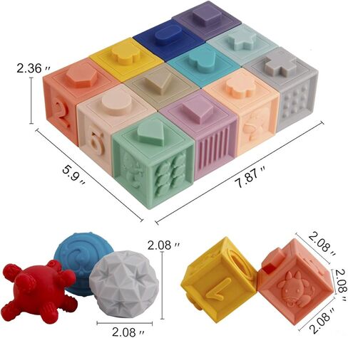 BOBXIN 15 قطعة من ألعاب مكعبات الأطفال، مكعبات تراص ناعمة، كرات حسية للأطفال، ألعاب حمام الرضع، الضغط على اللعب مع أرقام وأشكال الحيوانات، لعبة الفواكه والأنسجة للأطفال الصغار بعمر 6 أشهر in Kuwait