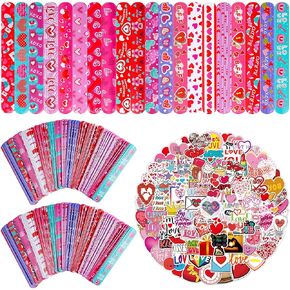 Kolewo4ever 400 Pieces Valentine's Day Gifts Set:200 Pieces Valentine's Day Slap Bracelets Lovely Heart Slap Bracelets 200 Pieces Valentine's Day Stickers Waterproof Stickers for Party Supplies in Kuwait