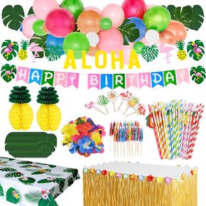 Tropical Luau Party Decorations Pack Hawaiian Flamingo Beach Theme Aloha Birthday Party Supplies Kit, Hawaii Leis Backdrop Table Skirt Tablecloth Balloons Toppers Pineapples Straws (125pcs)