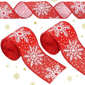 Canlierr 2 Rolls 2.5 Inch Christmas Snowflake Ribbon Christmas Wired Ribbons for Wreath Fabric Polyester Decorative Ribbons Gift Wrapping Ribbon for Christmas Tree Party Decoration (Red)