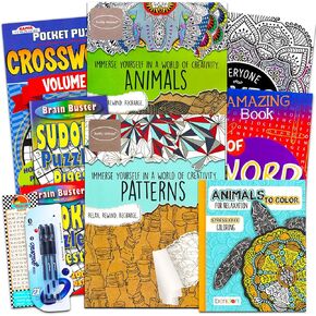 Activity Books for Adults Seniors Teens Super Set ~ 8 Advanced Activity Books Filled with Mazes, Puzzles, Crosswords, Color By Number, Connect the Dots and Coloring Activities (Over 400 Pages Total)