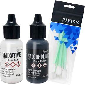 Black and White Alcohol Ink Set | Tim Holtz Ranger .5oz Snow Cap and Pitch Black Alcohol Ink with Pixiss Alcohol Ink Blending Tools