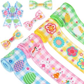 Whaline 24 Yards 4 Roll Easter Wired Edge Ribbon Spring Easter Bunny Rabbit Egg Flower Chick Ribbon 2.5in Pastel Colorful Plaids Cute Craft Ribbon for Wreath Gift Wrapping Hair Bow Sewing DIY Crafts in Kuwait