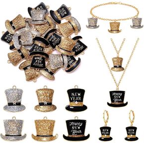 PHALIN 24PCS New Year Charms for Jewelry Making Enamel Glitter Star Charms Top Hat Pendants for Bracelet Necklace Earrings Making DIY Crafts New Years Eve Party Gifts in Saudi Arabia