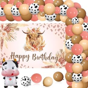 Wonmelody Highland Cow 1st Birthday Decorations Highland Cattle Vintage Brown Party Supplies with Holy Cow Im One Backdrop Boho Highland Cow Birthday Balloon Garland with Number 1 balloon for Boy and Girl