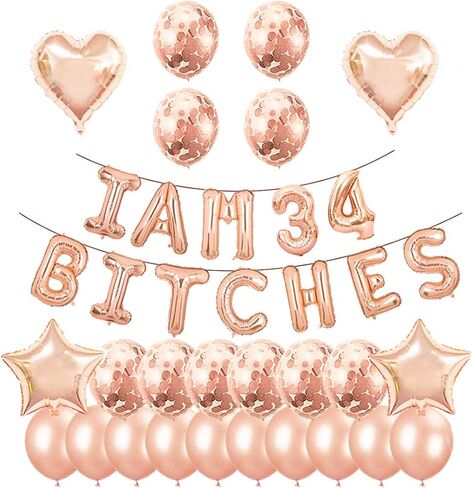 Santonila 34th Birthday Party Set-I am 34 Bitches Funny Banner Confetti Rose Gold Balloons for Girls 34 Years Old Birthday Decorations in Kuwait