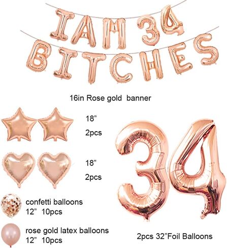 Santonila 34th Birthday Party Set-I am 34 Bitches Funny Banner Confetti Rose Gold Balloons for Girls 34 Years Old Birthday Decorations in Kuwait