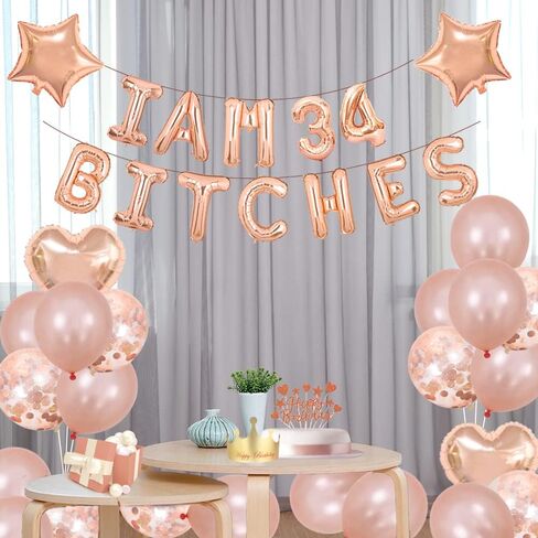 Santonila 34th Birthday Party Set-I am 34 Bitches Funny Banner Confetti Rose Gold Balloons for Girls 34 Years Old Birthday Decorations in Kuwait