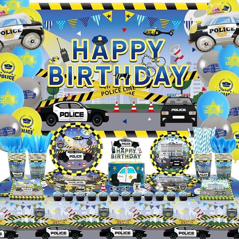 KEFAN Police Birthday Party Decorations, Police Theme Party Tableware Supplies including HAPPY BIRTHDAY Backdrop, Plates, Cups, Napkins, Tablecloth, Balloons for Kids Birthday Party - Serves 20 (C) in Kuwait