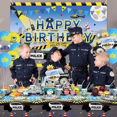 KEFAN Police Birthday Party Decorations, Police Theme Party Tableware Supplies including HAPPY BIRTHDAY Backdrop, Plates, Cups, Napkins, Tablecloth, Balloons for Kids Birthday Party - Serves 20 (C) in Kuwait