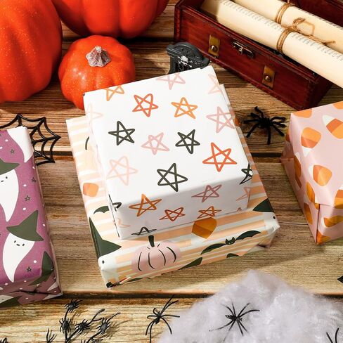 AnyDesign 12 Sheet Boho Halloween Wrapping Paper 6 Design Ghost Pink Pumpkin Bat Gift Wrap Paper Bulk Folded Flat Art Paper for Halloween Birthday Party Baby Shower DIY Gift Wrapping, 19.7x27.6 Inch in Saudi Arabia