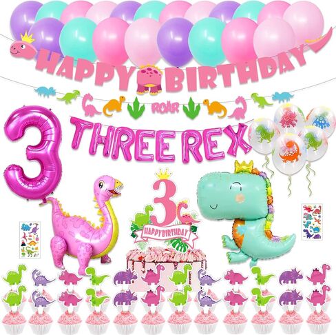 زينة حفلات اعياد الميلاد بتصميم ديناصور للفتيات الصغيرات، لوازم حفلات الديناصورات الديناصورات الزهرية للبنات الصغيرات - لافتة وكعك وزينة كب كيك وبالونات in Kuwait