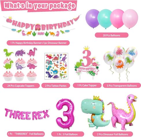 زينة حفلات اعياد الميلاد بتصميم ديناصور للفتيات الصغيرات، لوازم حفلات الديناصورات الديناصورات الزهرية للبنات الصغيرات - لافتة وكعك وزينة كب كيك وبالونات in Kuwait