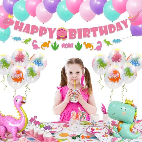 زينة حفلات اعياد الميلاد بتصميم ديناصور للفتيات الصغيرات، لوازم حفلات الديناصورات الديناصورات الزهرية للبنات الصغيرات - لافتة وكعك وزينة كب كيك وبالونات in Kuwait