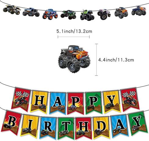 45 قطعة Monster Truck لوازم حفلات عيد الميلاد هدايا حفلات الوحش شاحنة شكل لافتة عيد ميلاد سعيد بالونات كعكة أعلى in Kuwait