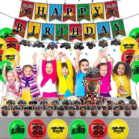 45 قطعة Monster Truck لوازم حفلات عيد الميلاد هدايا حفلات الوحش شاحنة شكل لافتة عيد ميلاد سعيد بالونات كعكة أعلى in Kuwait