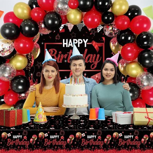 زينة حفلات عيد الميلاد الأحمر والأسود للرجال والنساء - قوس قوس أحمر وأسود وذهبي مع خلفية عيد ميلاد سعيد حمراء وغطاء طاولة لمستلزمات الحفلات بوي جيرل بادي in Kuwait