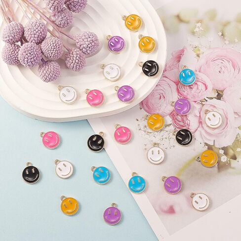 LiQunSweet 100 Pcs Randomly Colored Enamel Charms Smiling Face Charm Bulk Lot for Bracelet Necklace Jewelry Making - 14.5x12mm in Saudi Arabia