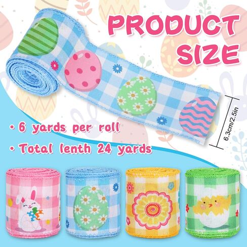 Whaline Easter Wired Edge Ribbon Colorful Buffalo Plaids Fabric Ribbon 24 Yards Easter Bunny Rabbit Egg Chick Flower Craft Ribbon for Spring Gift Wrapping Hair Bow Sewing DIY Crafts Decoration, 4 Roll in Saudi Arabia