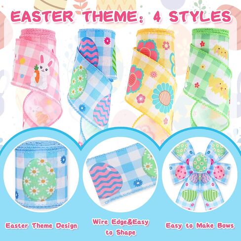 Whaline Easter Wired Edge Ribbon Colorful Buffalo Plaids Fabric Ribbon 24 Yards Easter Bunny Rabbit Egg Chick Flower Craft Ribbon for Spring Gift Wrapping Hair Bow Sewing DIY Crafts Decoration, 4 Roll in Saudi Arabia