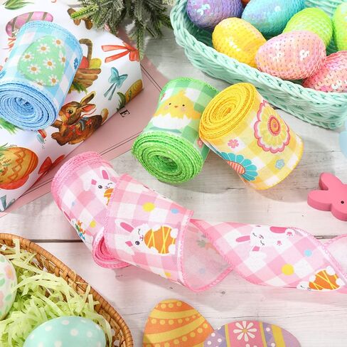 Whaline Easter Wired Edge Ribbon Colorful Buffalo Plaids Fabric Ribbon 24 Yards Easter Bunny Rabbit Egg Chick Flower Craft Ribbon for Spring Gift Wrapping Hair Bow Sewing DIY Crafts Decoration, 4 Roll in Saudi Arabia