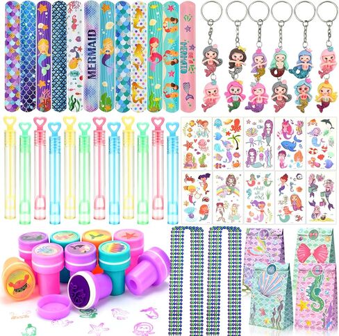 اكياس هدايا للحفلات بتصميم حورية البحر - 84 قطعة من لوازم حفلات اعياد الميلاد بتصميم حورية البحر وسلسلة المفاتيح والاختام وسوار وفقاعات تاتو للاطفال والبنات، زينة عيد ميلاد بنمط حورية البحر، حشو شنط in Kuwait